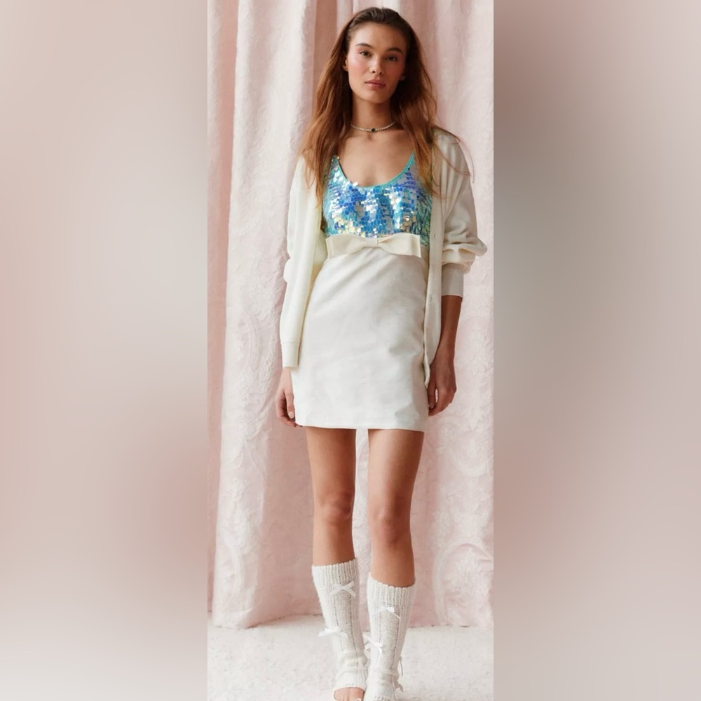 Urban Outfitters White Mini Dress with Blue-Green Sequin Bodice
